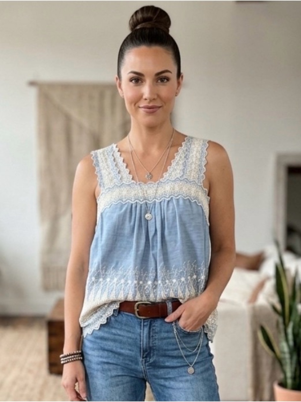 Gap embroidered Babydoll Lace-Trim Blue Tank Top